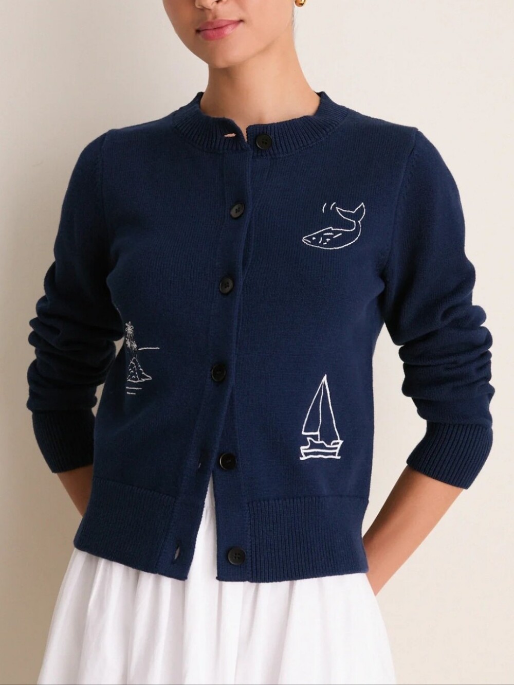 Line And Dot Navy Mooring Cardigan Sweater Coastal Layering Cotton Breathable